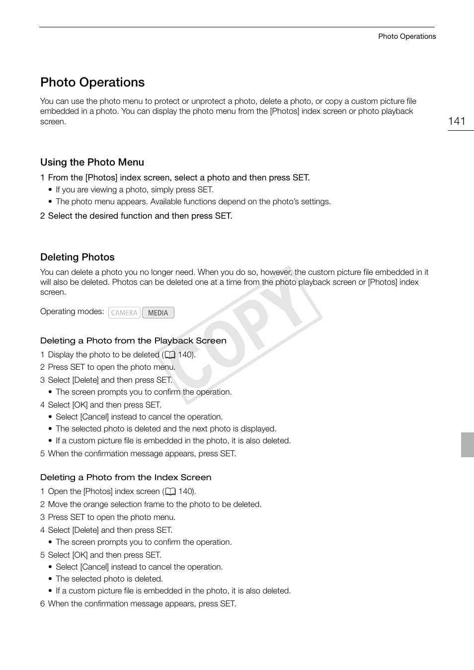 Photo operations 141, Using the photo menu 141, Deleting photos 141 | Cop y | Canon XF105 User Manual | Page 141 / 186