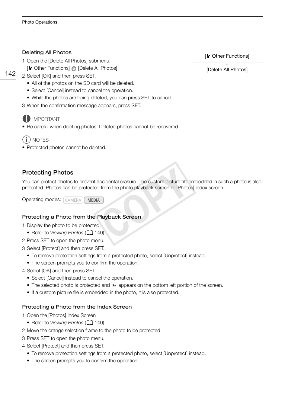 Protecting photos 142, Cop y | Canon XF105 User Manual | Page 142 / 186