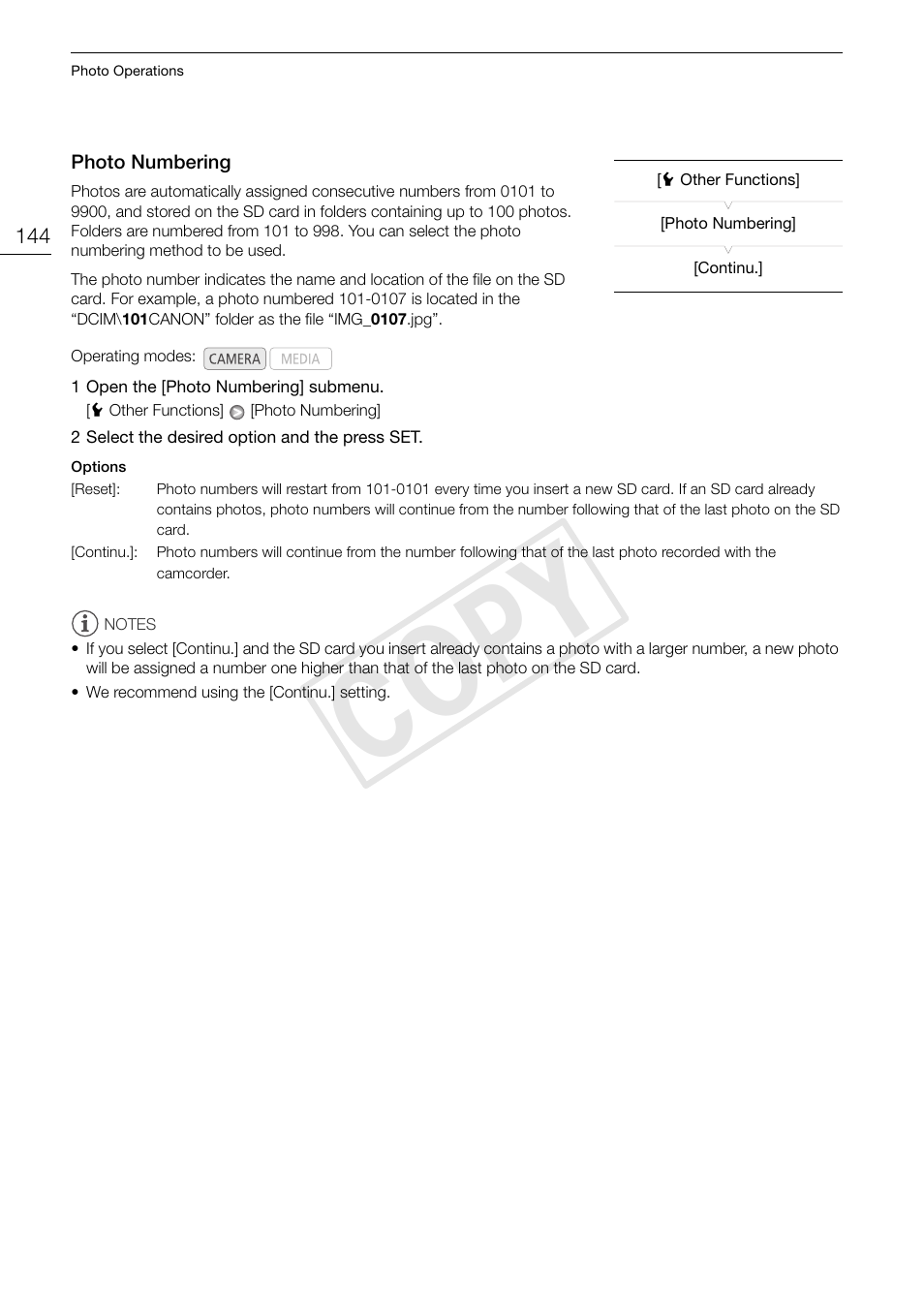 Photo numbering 144, Cop y | Canon XF105 User Manual | Page 144 / 186