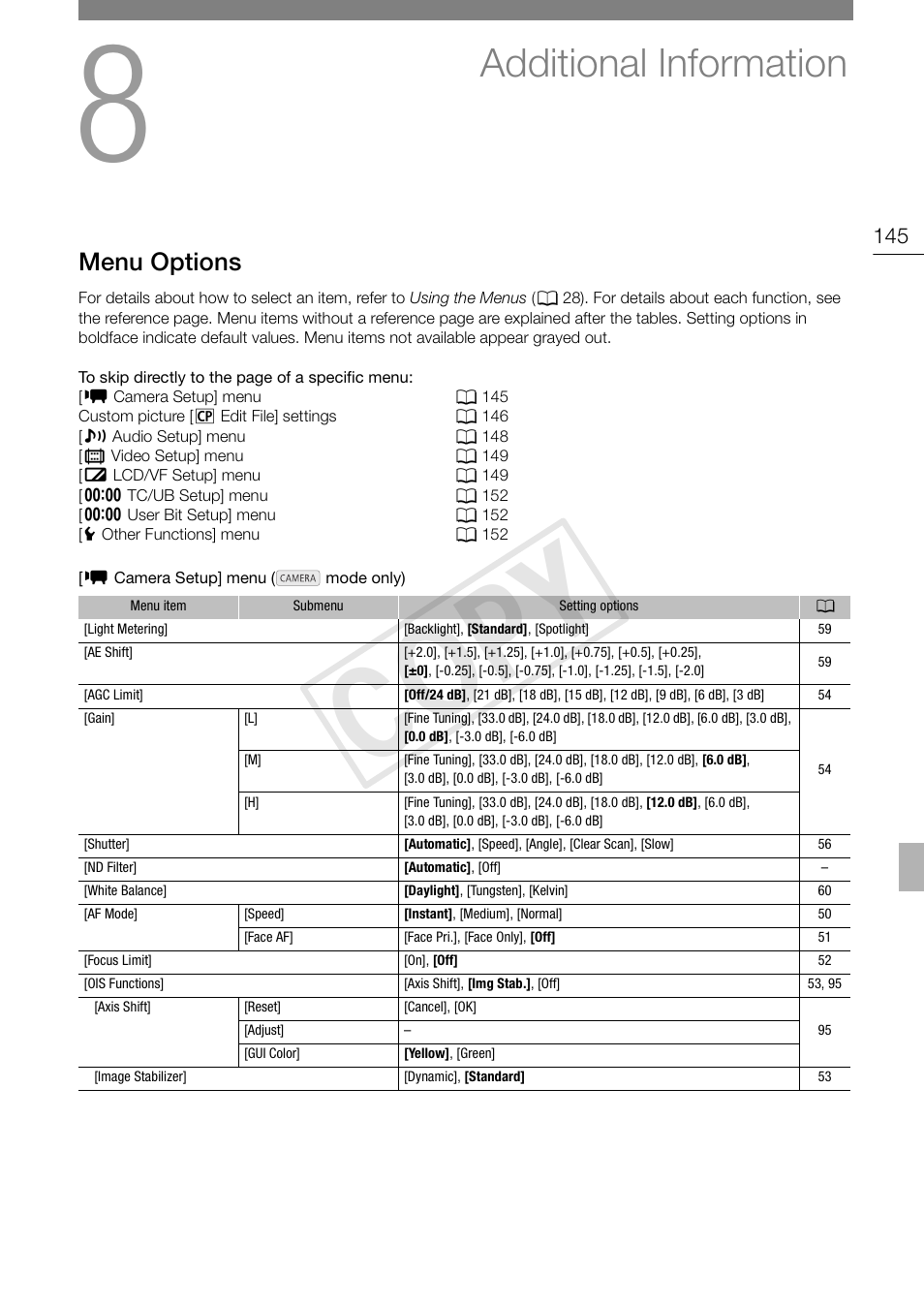 Additional information 145, Menu options 145, 145) to [autom | Cop y, Additional information, Menu options | Canon XF105 User Manual | Page 145 / 186