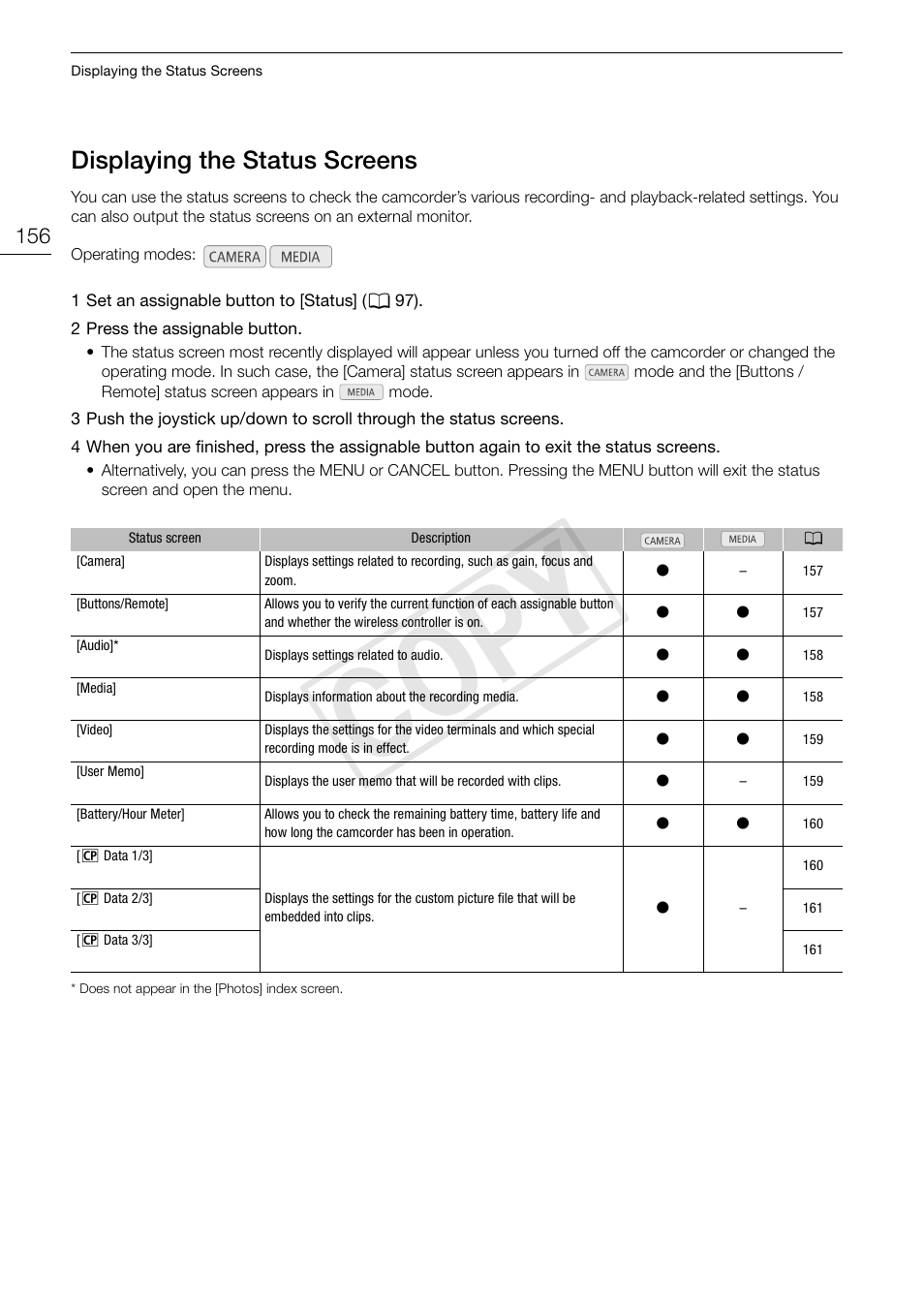 Displaying the status screens 156, Cop y, Displaying the status screens | Canon XF105 User Manual | Page 156 / 186