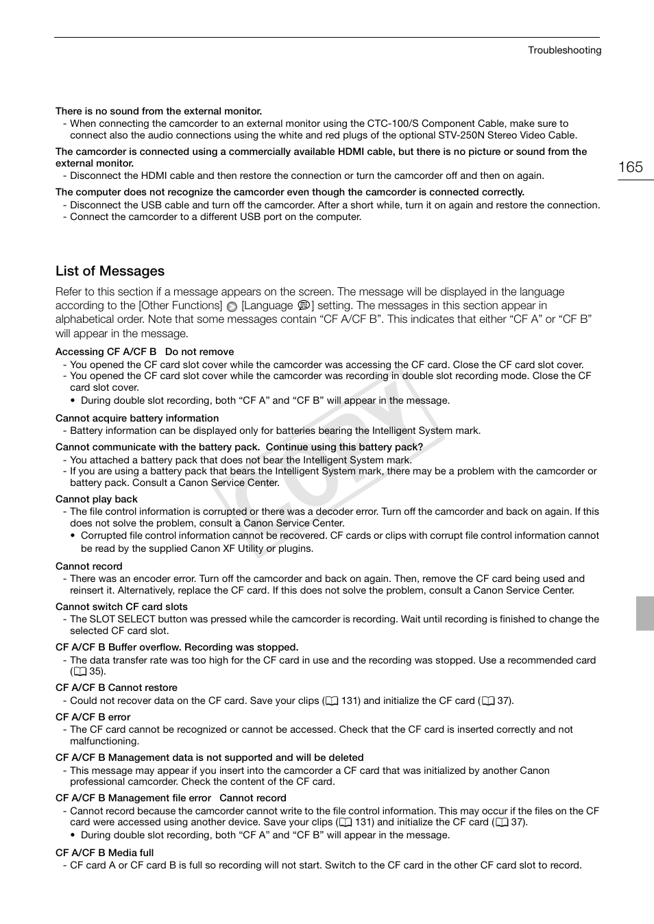List of messages 165, Cop y | Canon XF105 User Manual | Page 165 / 186
