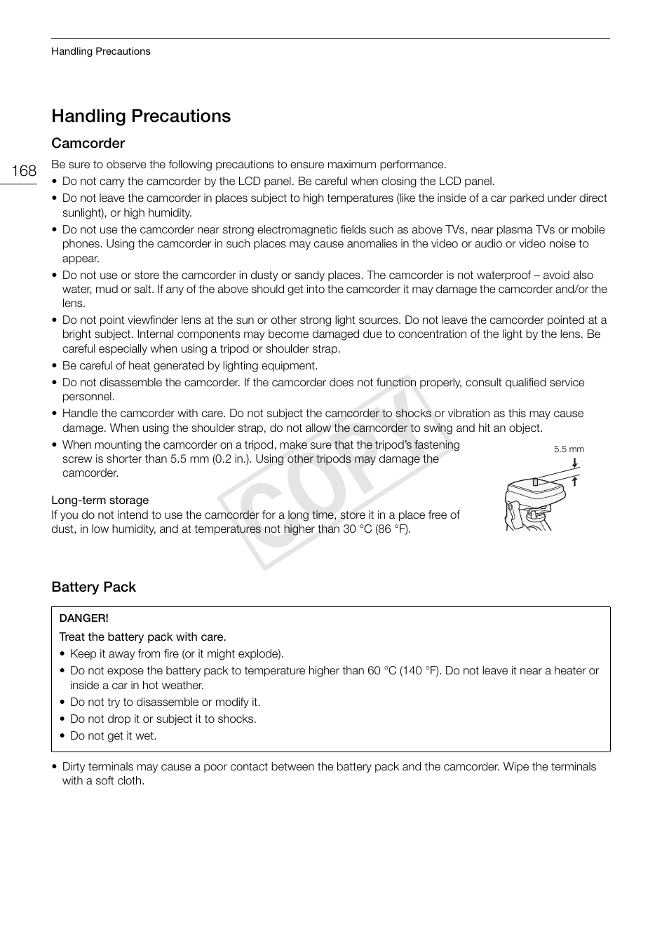 Handling precautions 168, Cop y | Canon XF105 User Manual | Page 168 / 186