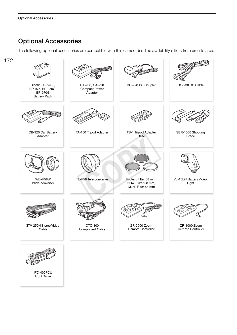 Optional accessories 172, Cop y, Optional accessories | Canon XF105 User Manual | Page 172 / 186