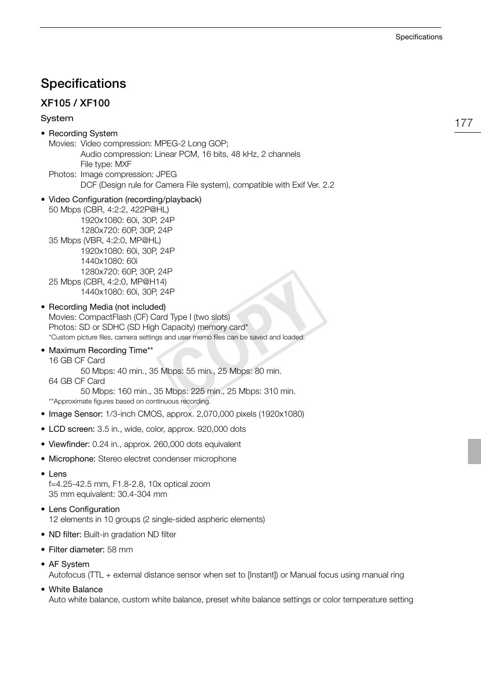 Specifications 177, Cop y, Specifications | Canon XF105 User Manual | Page 177 / 186