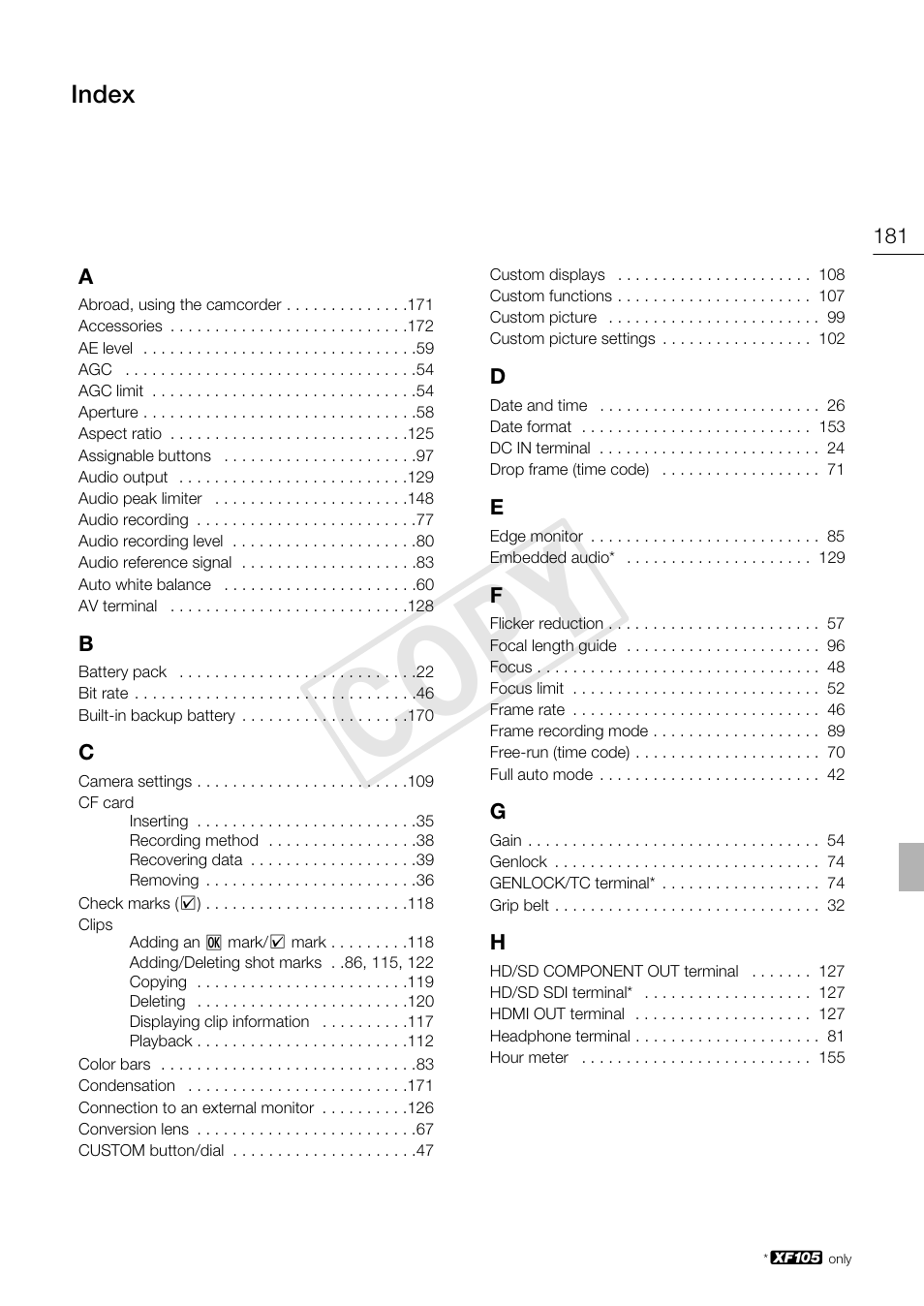 Index 181, C op y | Canon XF105 User Manual | Page 181 / 186