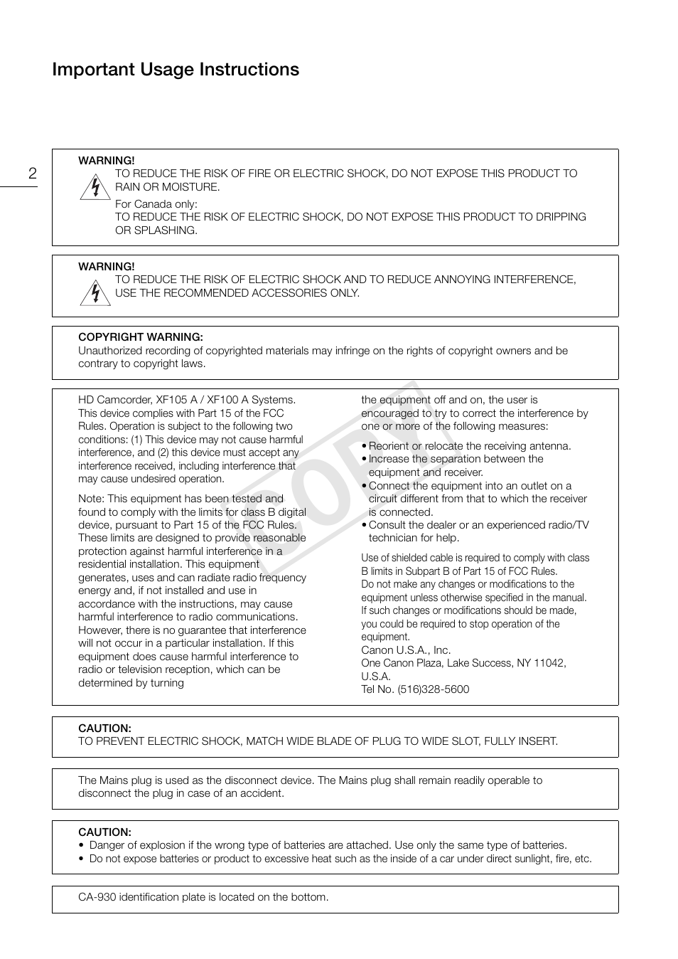 Cop y | Canon XF105 User Manual | Page 2 / 186