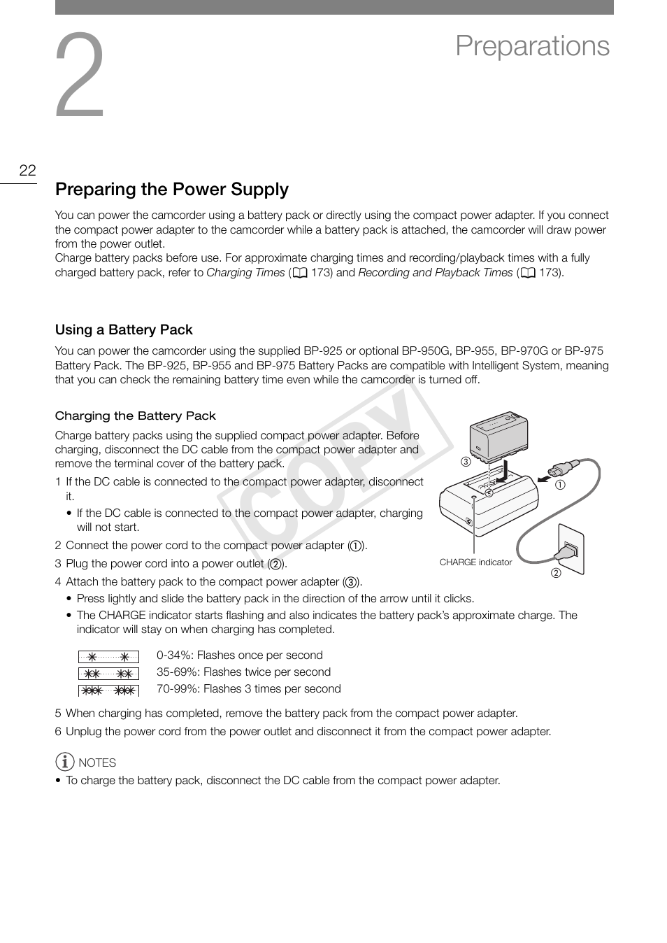 Preparations 22, Preparing the power supply 22, Using a battery pack 22 | Cop y, Preparations | Canon XF105 User Manual | Page 22 / 186