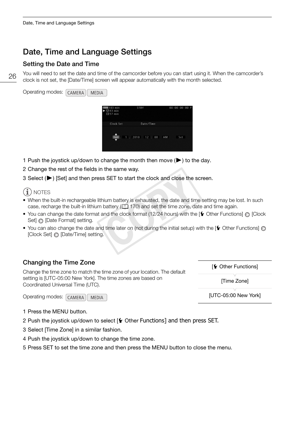 Date, time and language settings 26, Cop y | Canon XF105 User Manual | Page 26 / 186