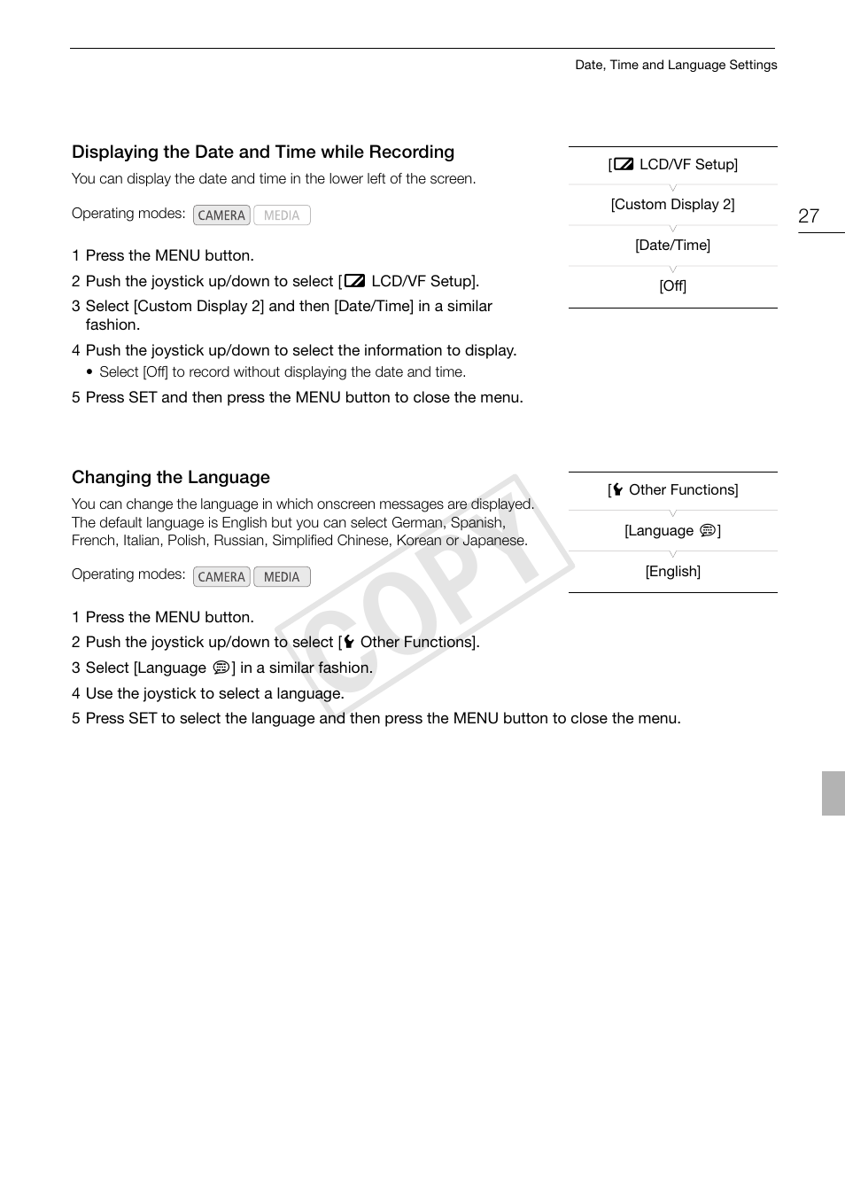 Cop y | Canon XF105 User Manual | Page 27 / 186