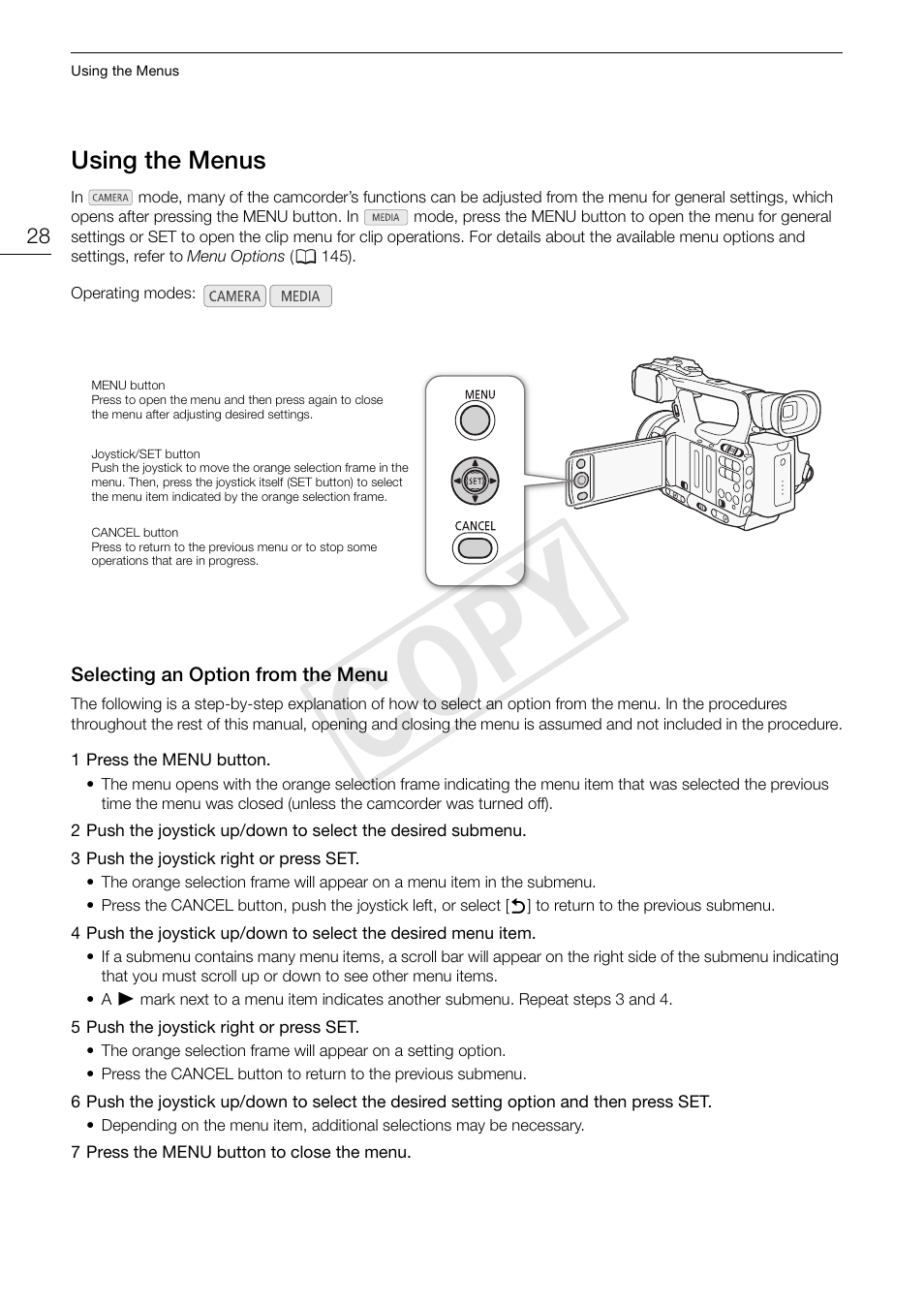 Using the menus 28, Selecting an option from the menu 28, Cop y | Canon XF105 User Manual | Page 28 / 186