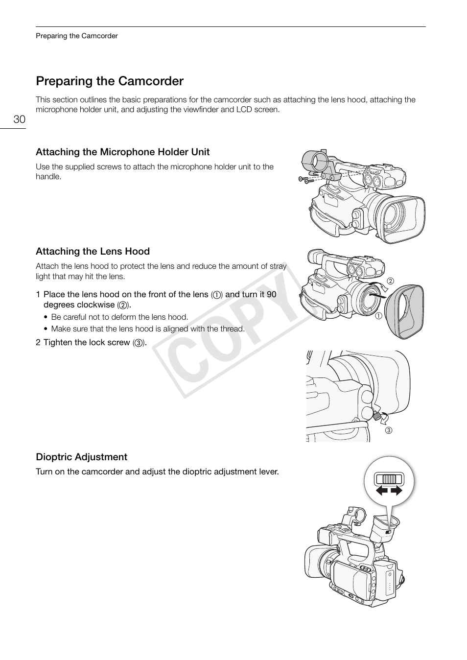Preparing the camcorder 30, Attaching the microphone holder unit 30, Attaching the lens hood 30 dioptric adjustment 30 | Cop y | Canon XF105 User Manual | Page 30 / 186