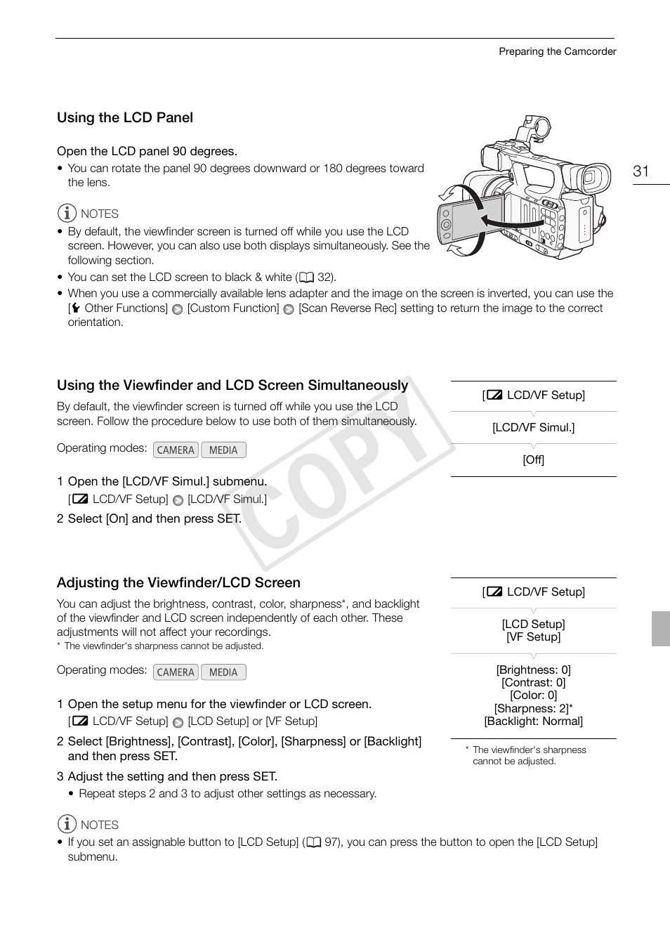 Simultaneously 31, Adjusting the viewfinder/lcd screen 31, Cop y | Canon XF105 User Manual | Page 31 / 186