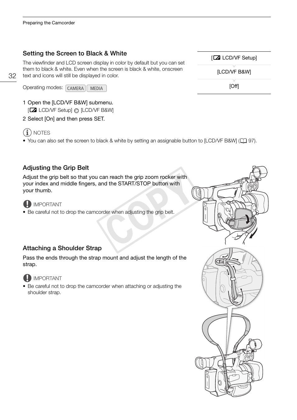 Attaching a shoulder strap 32, Cop y | Canon XF105 User Manual | Page 32 / 186