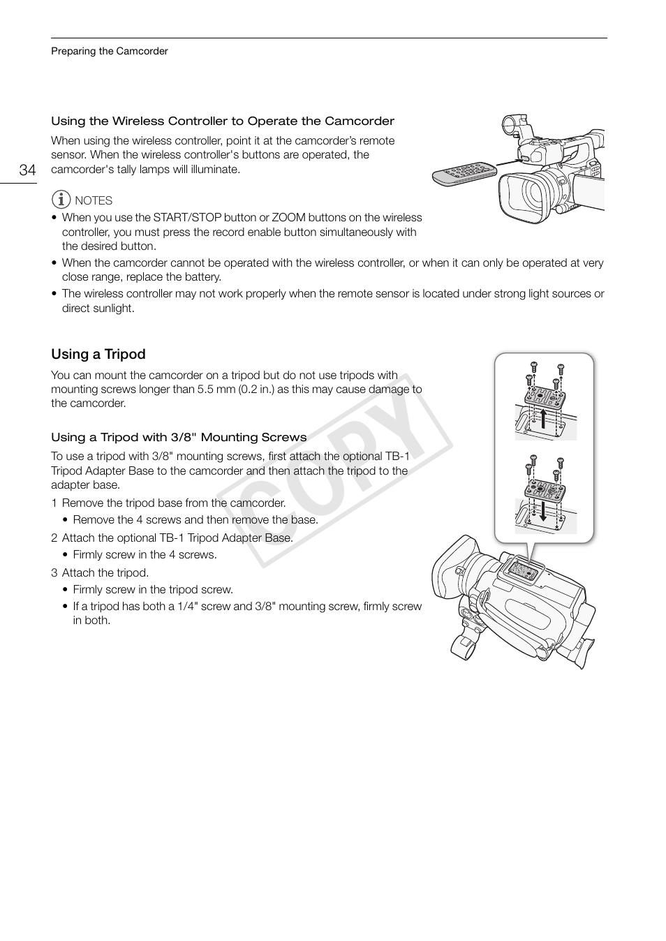 Using a tripod 34, Cop y | Canon XF105 User Manual | Page 34 / 186