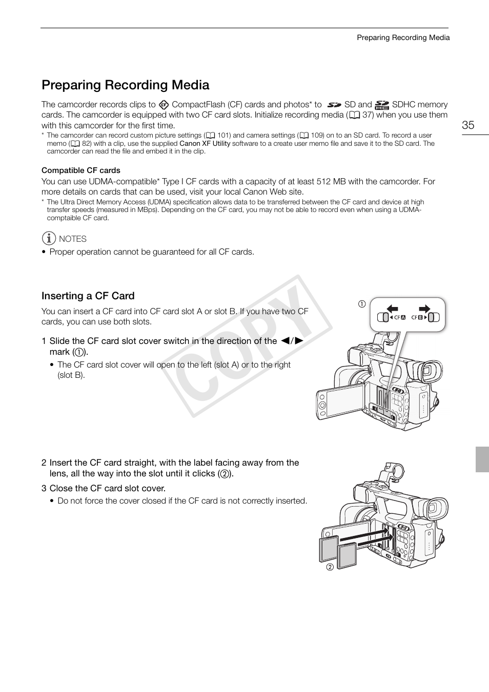 Preparing recording media 35, Inserting a cf card 35, Cop y | Canon XF105 User Manual | Page 35 / 186