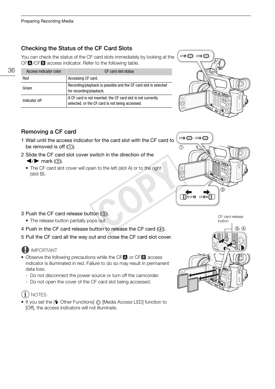 Checking the status of the cf card slots 36, Removing a cf card 36, Cop y | Canon XF105 User Manual | Page 36 / 186