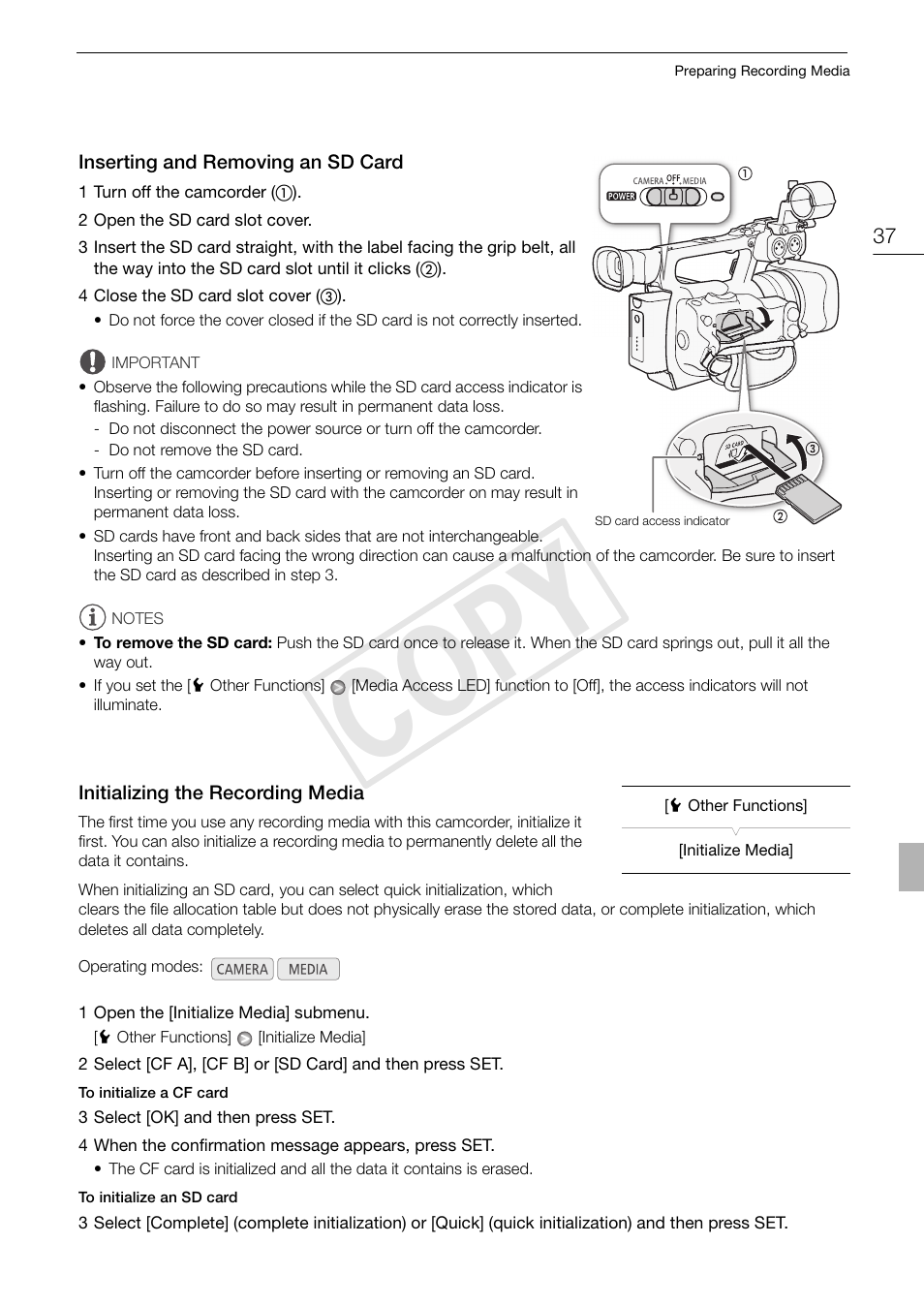 37) w, Cop y | Canon XF105 User Manual | Page 37 / 186