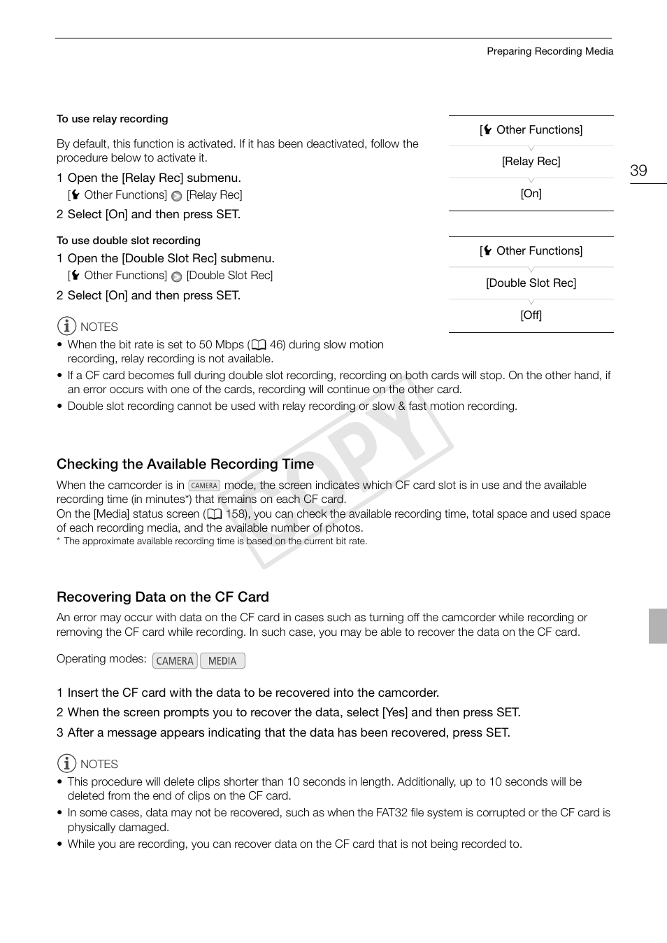 Checking the available recording time 39, Recovering data on the cf card 39, Cop y | Canon XF105 User Manual | Page 39 / 186