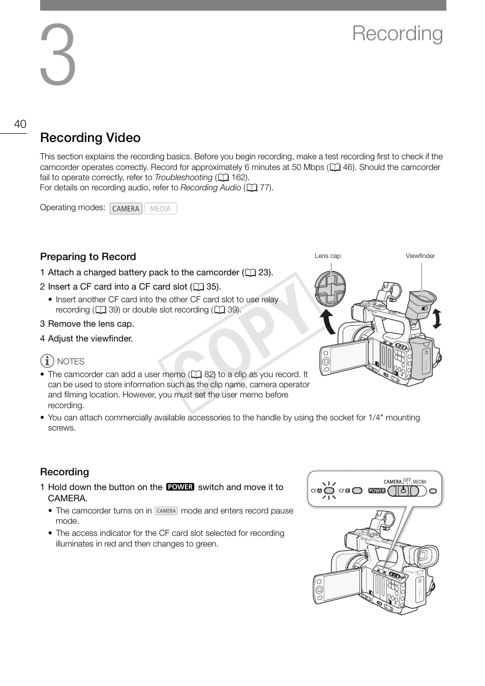 Recording 40, Recording video 40, Preparing to record 40 recording 40 | Cop y, Recording | Canon XF105 User Manual | Page 40 / 186