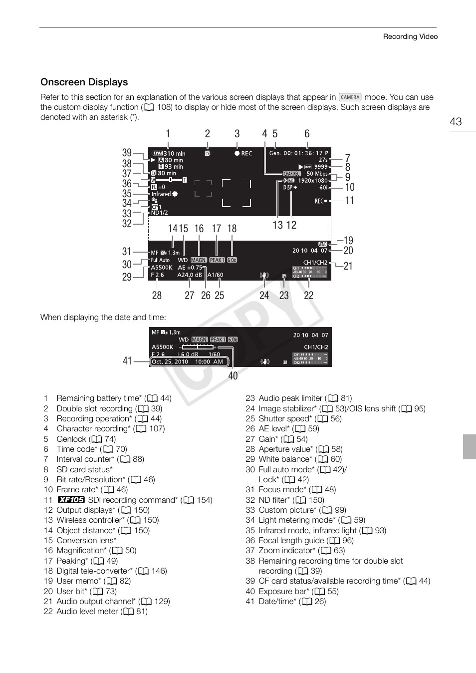 Onscreen displays 43, Cop y | Canon XF105 User Manual | Page 43 / 186