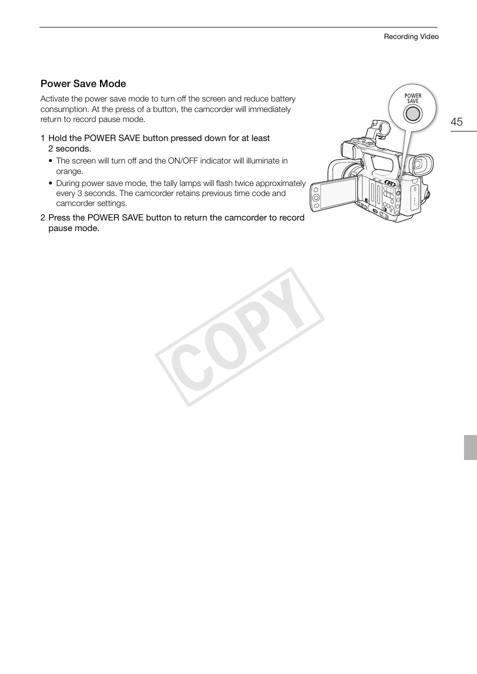 Power save mode 45, Cop y | Canon XF105 User Manual | Page 45 / 186