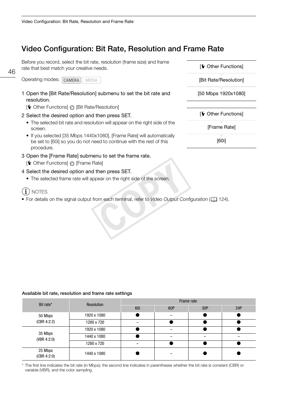Video configuration: bit rate, resolution and, Frame rate 46, Cop y | Canon XF105 User Manual | Page 46 / 186