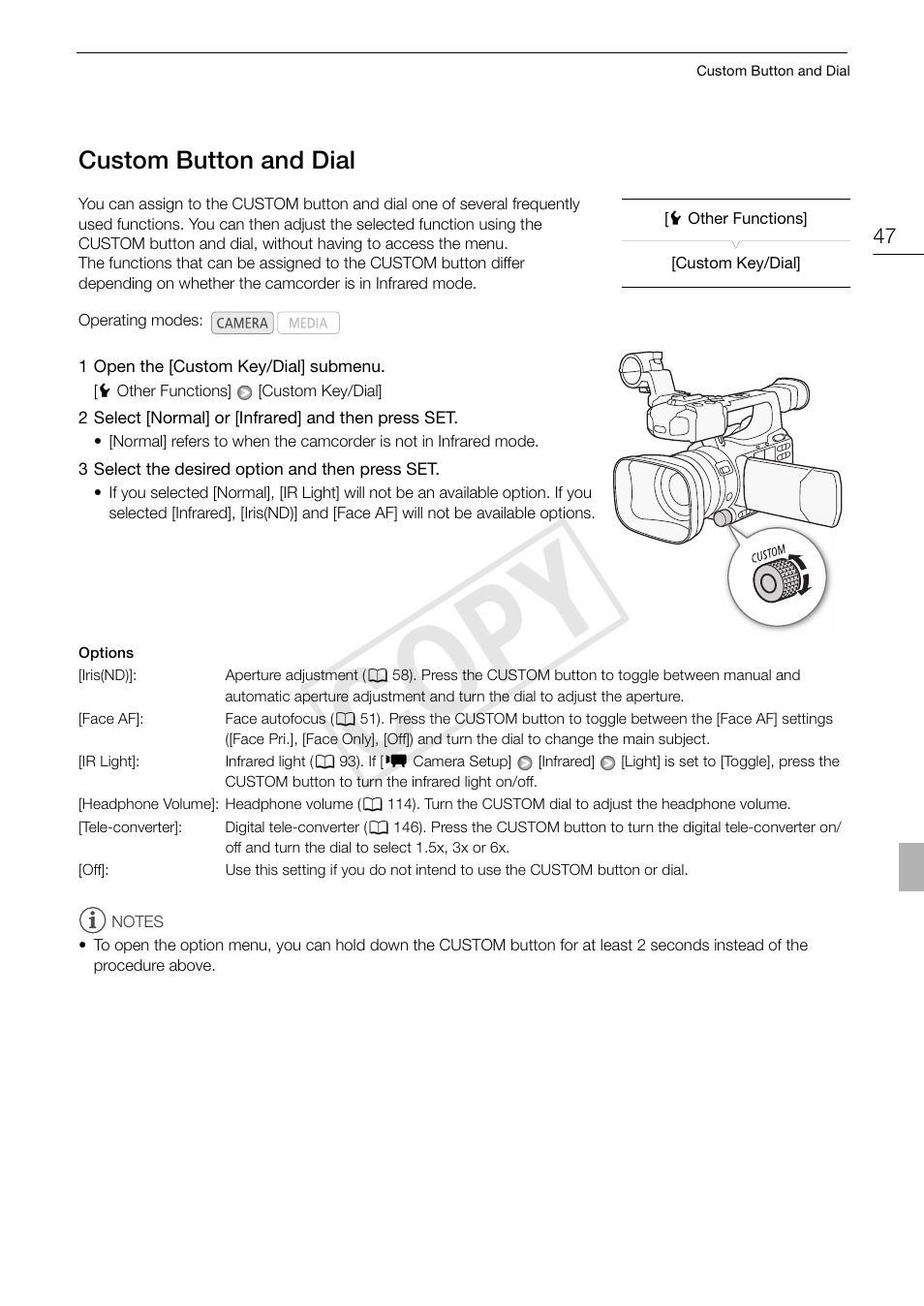 Custom button and dial 47, Cop y | Canon XF105 User Manual | Page 47 / 186