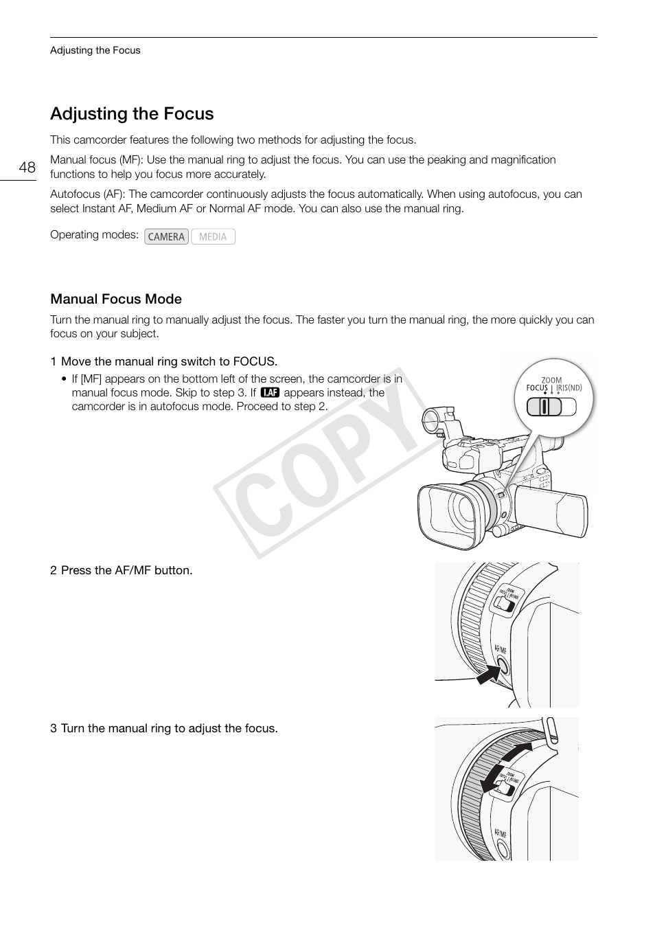 Adjusting the focus 48, Manual focus mode 48, Cop y | Canon XF105 User Manual | Page 48 / 186
