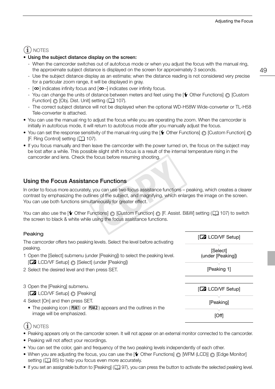 Using the focus assistance functions 49, Cop y | Canon XF105 User Manual | Page 49 / 186