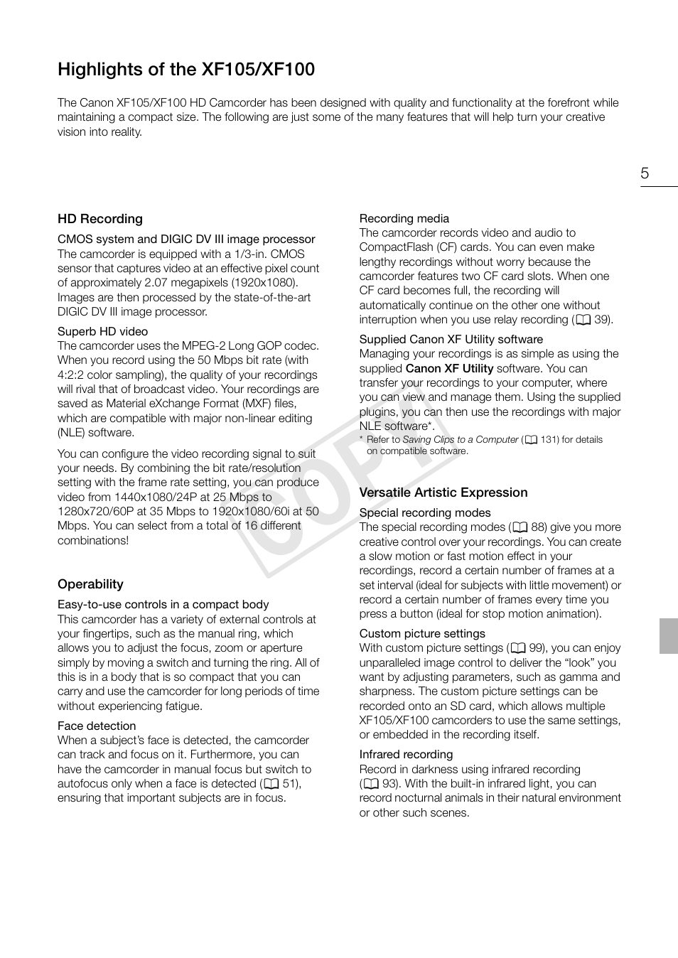 Cop y | Canon XF105 User Manual | Page 5 / 186