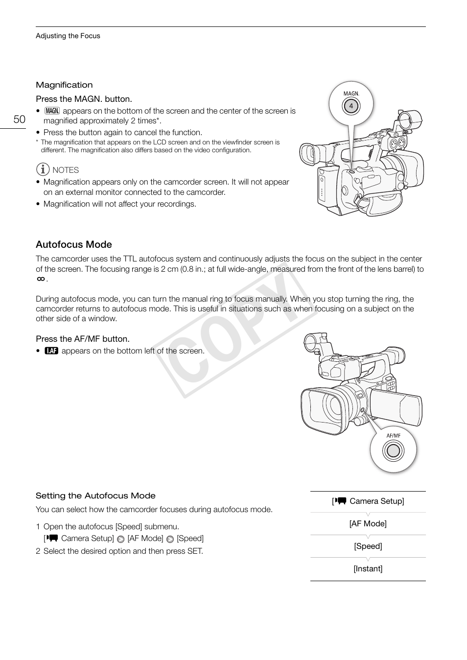 Autofocus mode 50, 50)/a, Cop y | Canon XF105 User Manual | Page 50 / 186