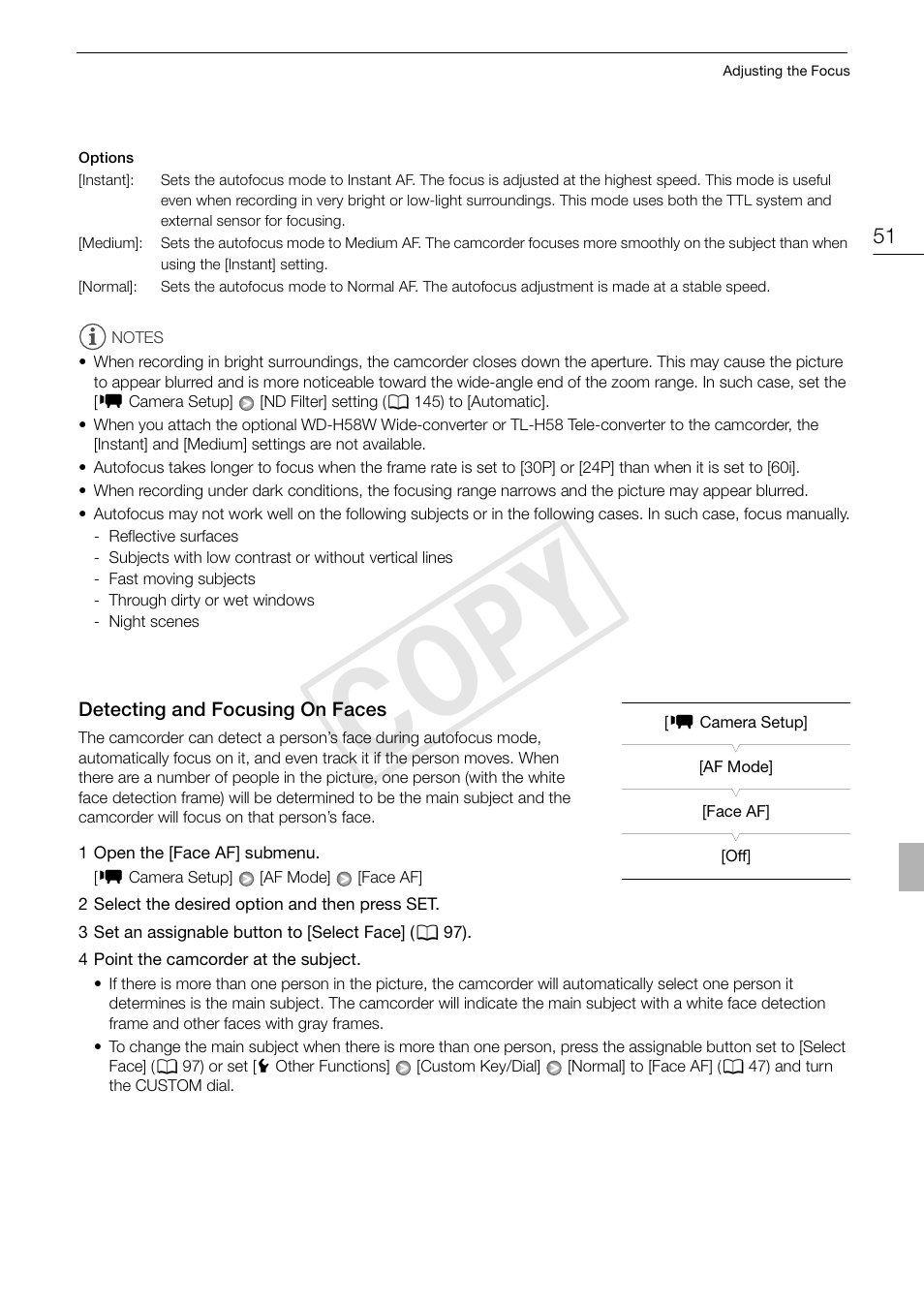 Detecting and focusing on faces 51, Cop y | Canon XF105 User Manual | Page 51 / 186