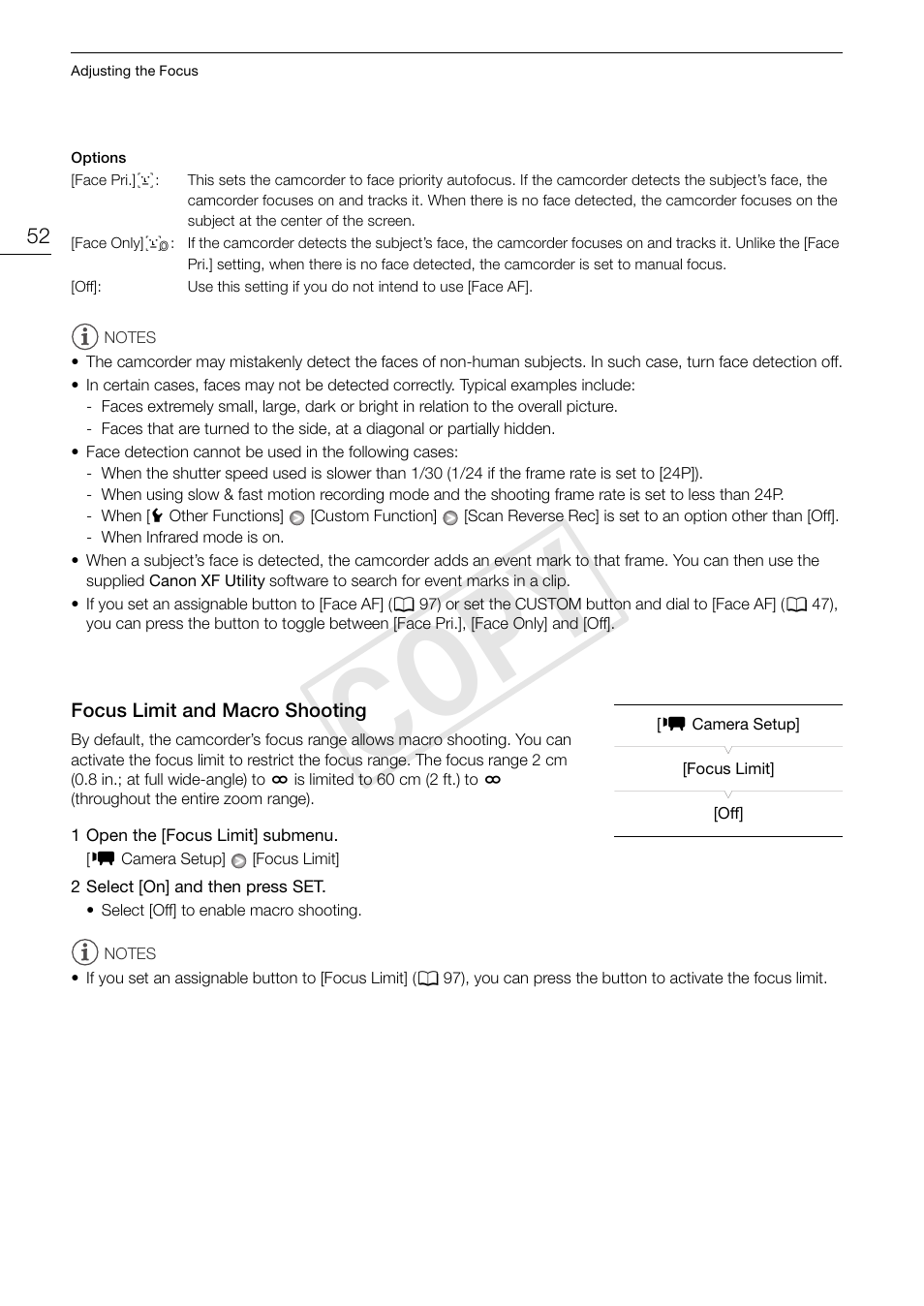 Focus limit and macro shooting 52, Cop y | Canon XF105 User Manual | Page 52 / 186