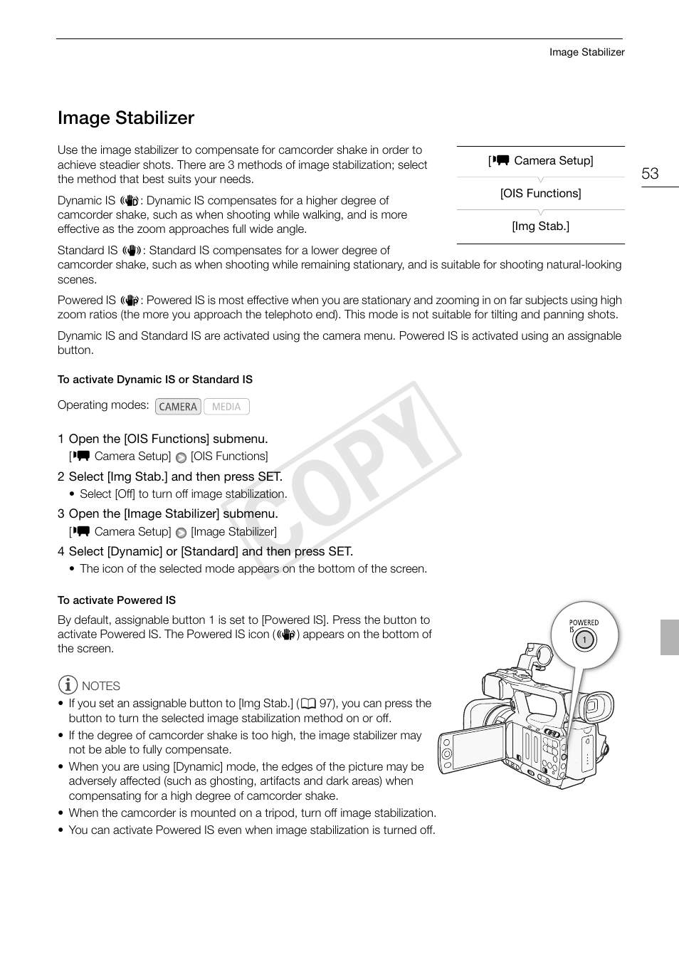 53), the o, Image stabilizer 53, 53)/a | 53)/o, Cop y | Canon XF105 User Manual | Page 53 / 186