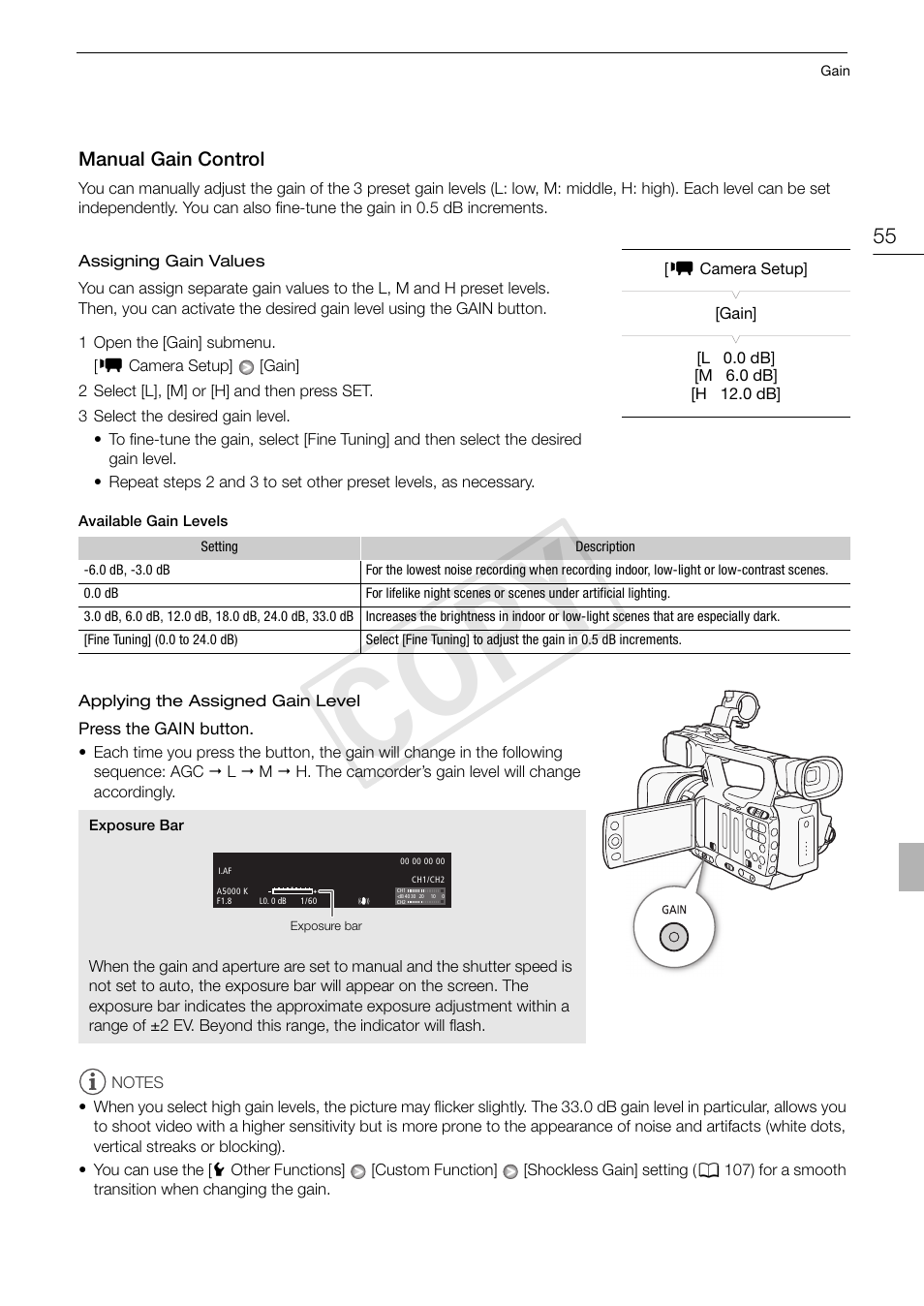 Manual gain control 55, Cop y | Canon XF105 User Manual | Page 55 / 186
