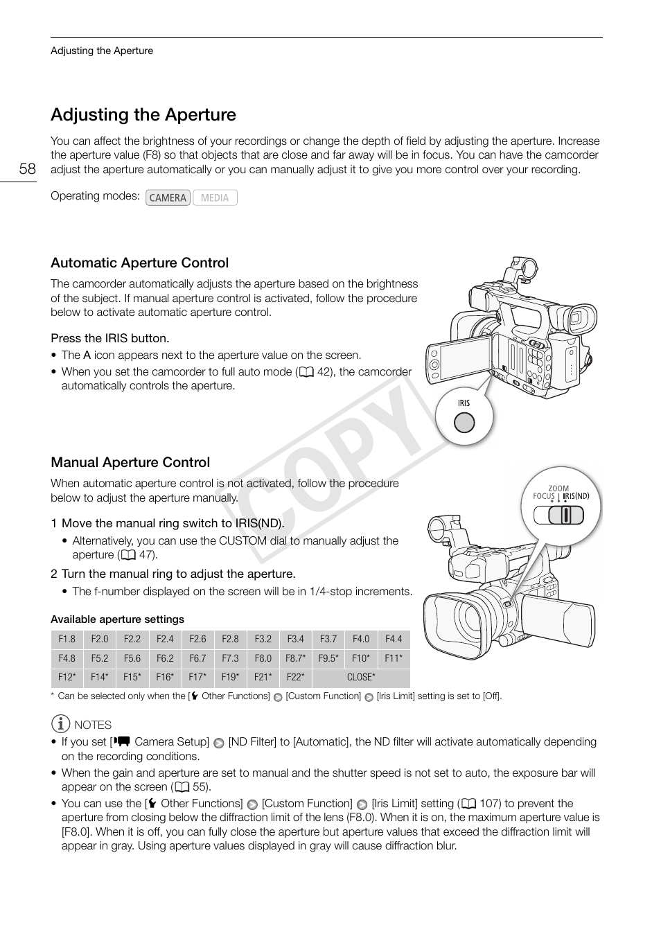 Adjusting the aperture 58, Cop y, Adjusting the aperture | Canon XF105 User Manual | Page 58 / 186