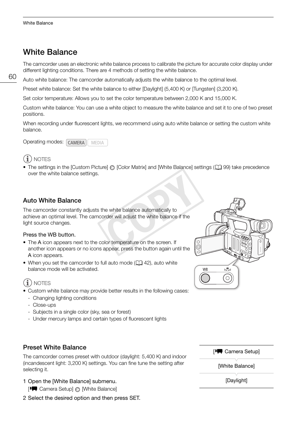 White balance 60, Auto white balance 60 preset white balance 60, Cop y | Canon XF105 User Manual | Page 60 / 186