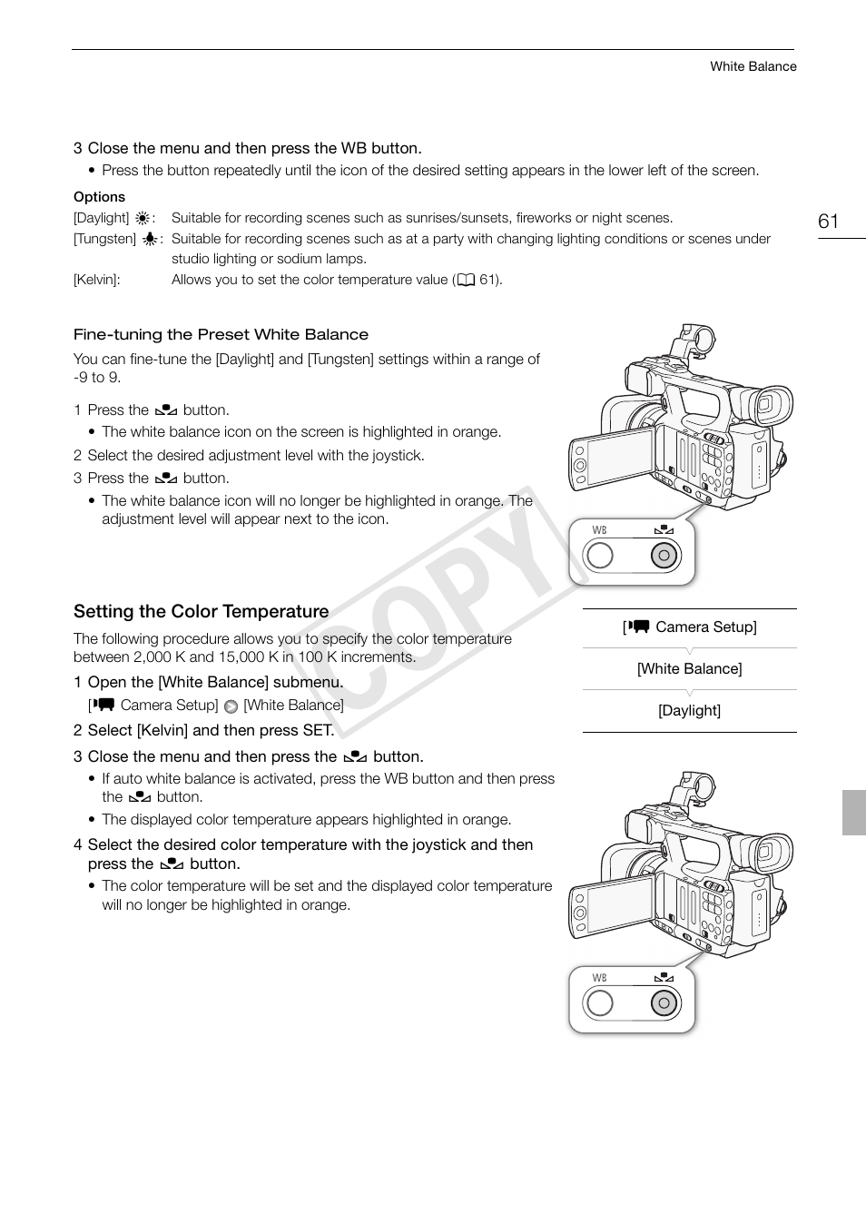 Setting the color temperature 61, Cop y | Canon XF105 User Manual | Page 61 / 186