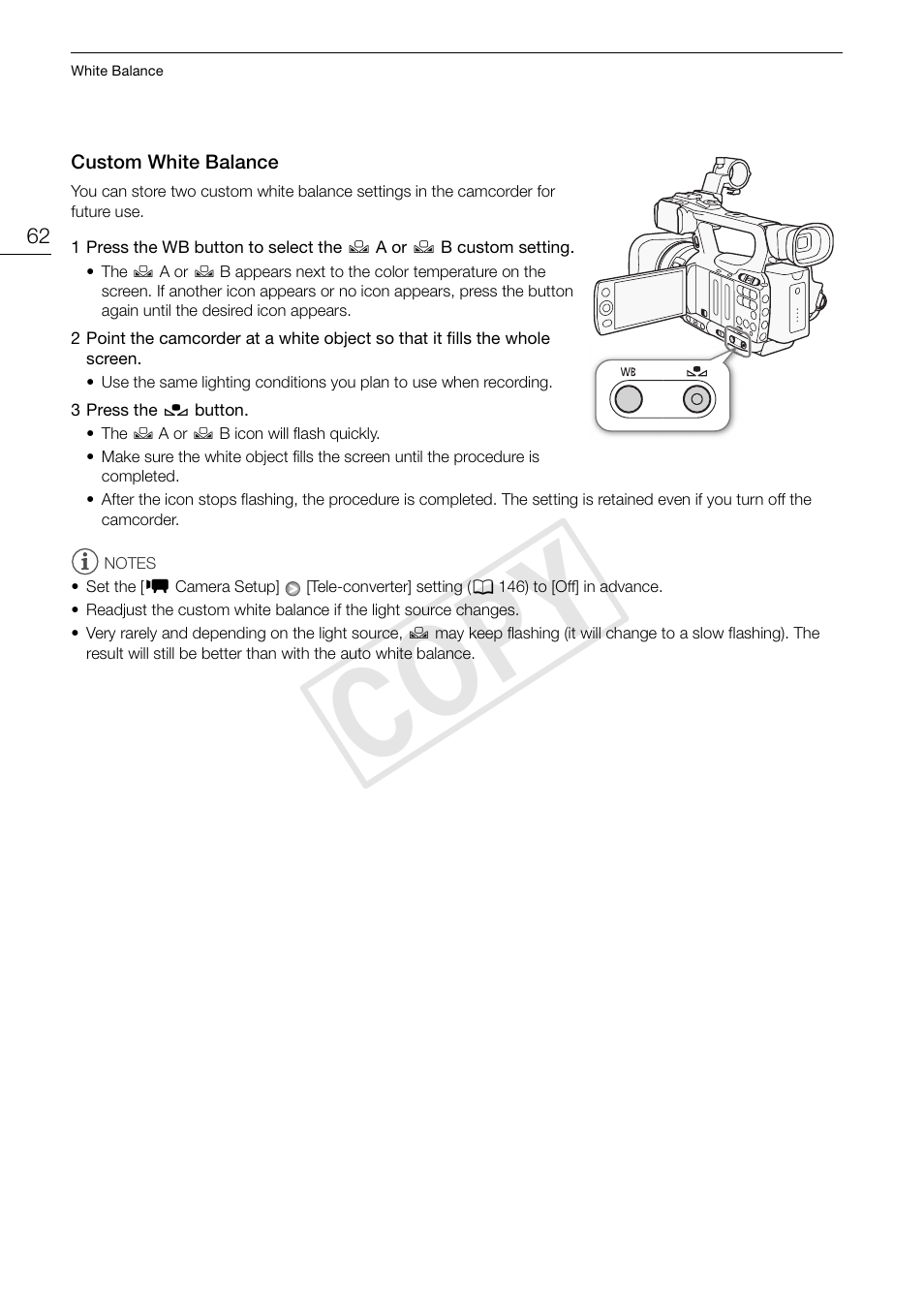 Custom white balance 62, Cop y | Canon XF105 User Manual | Page 62 / 186