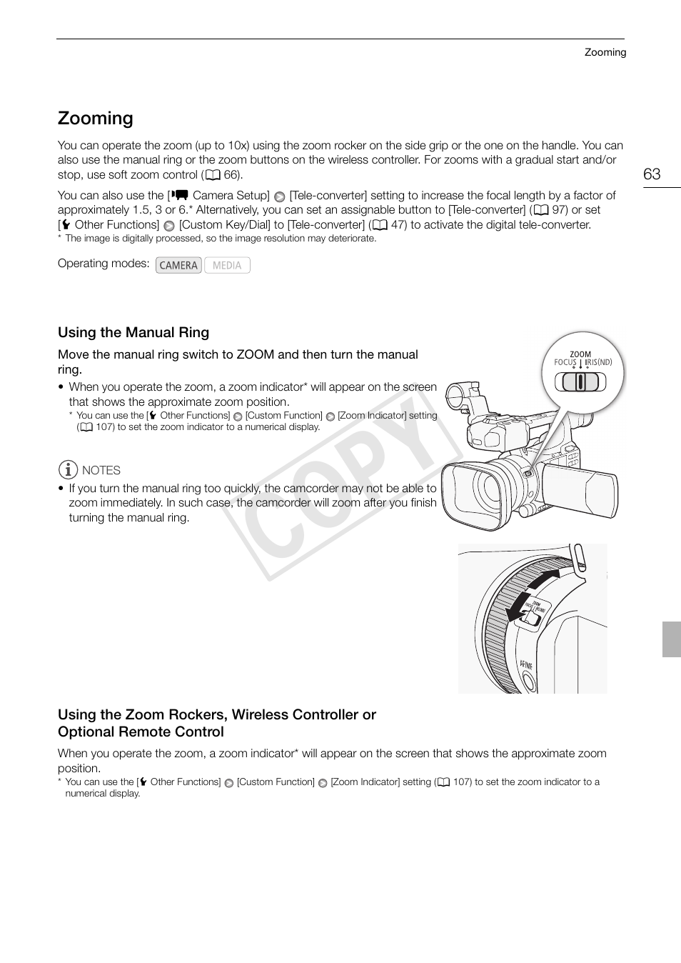 Zooming 63, Optional remote control 63, Cop y | Canon XF105 User Manual | Page 63 / 186