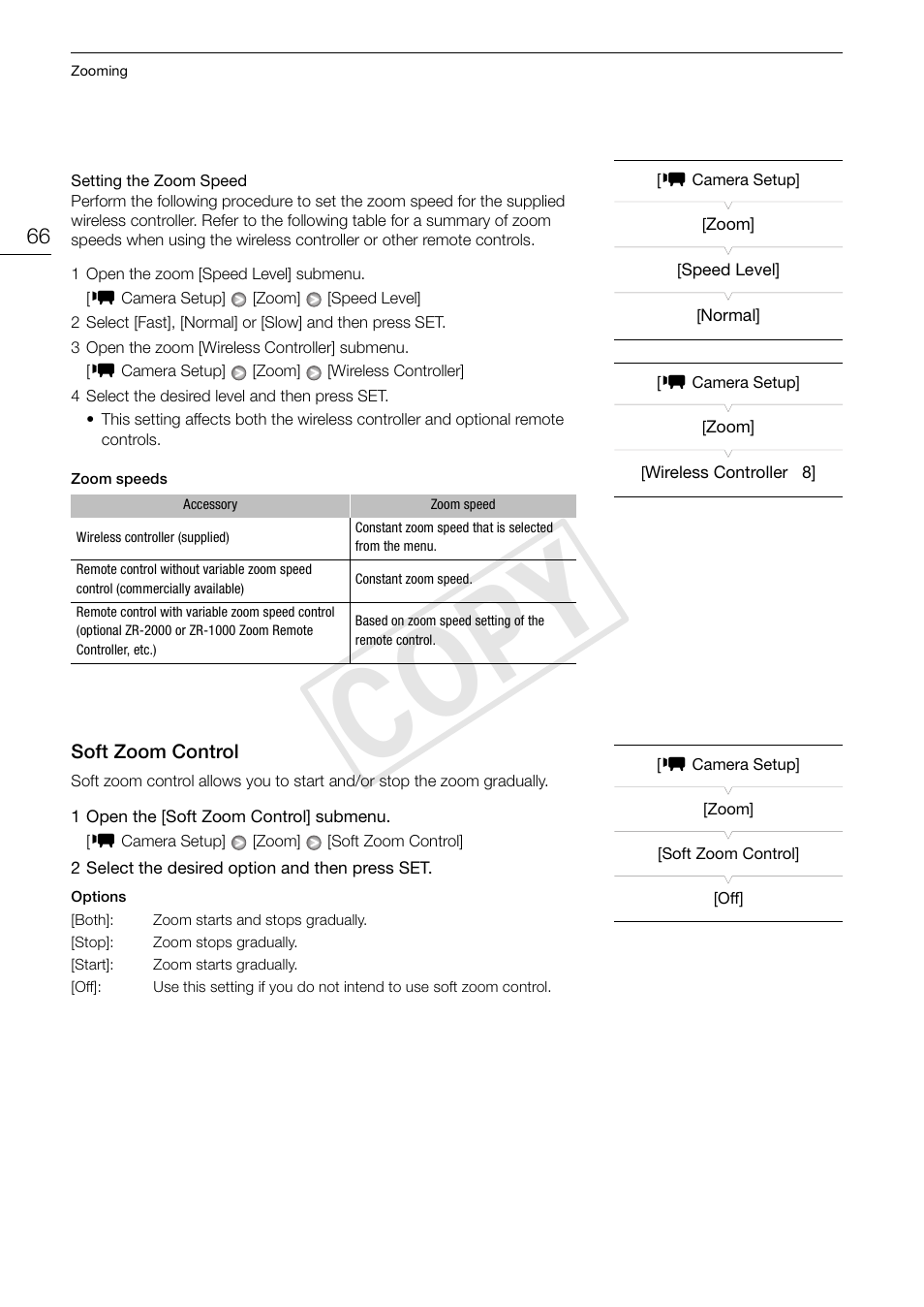 Soft zoom control 66, Cop y | Canon XF105 User Manual | Page 66 / 186
