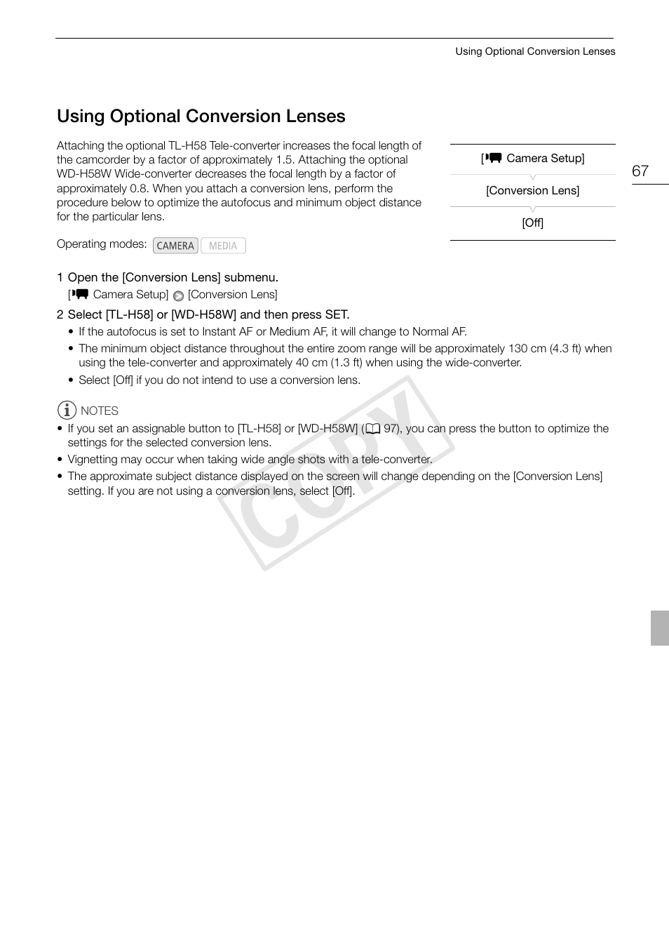 Using optional conversion lenses 67, Cop y | Canon XF105 User Manual | Page 67 / 186