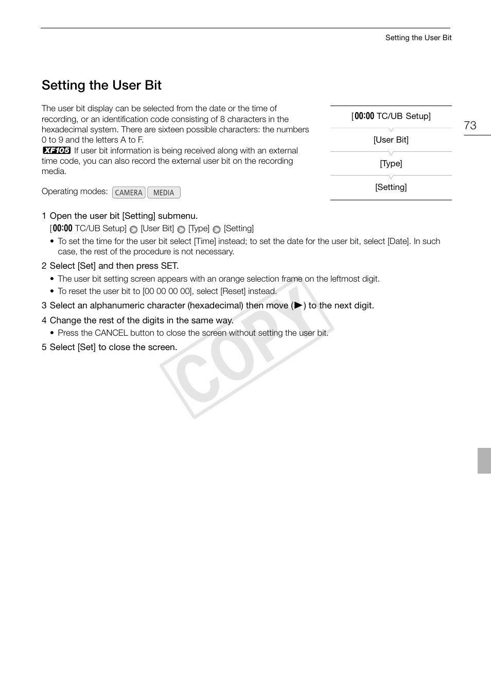 Setting the user bit 73, Cop y | Canon XF105 User Manual | Page 73 / 186