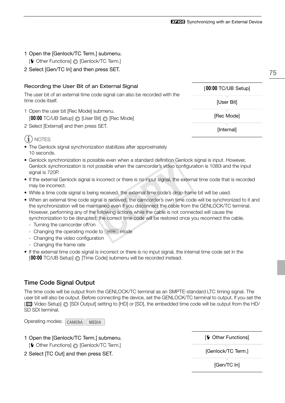Time code signal output 75, Cop y | Canon XF105 User Manual | Page 75 / 186