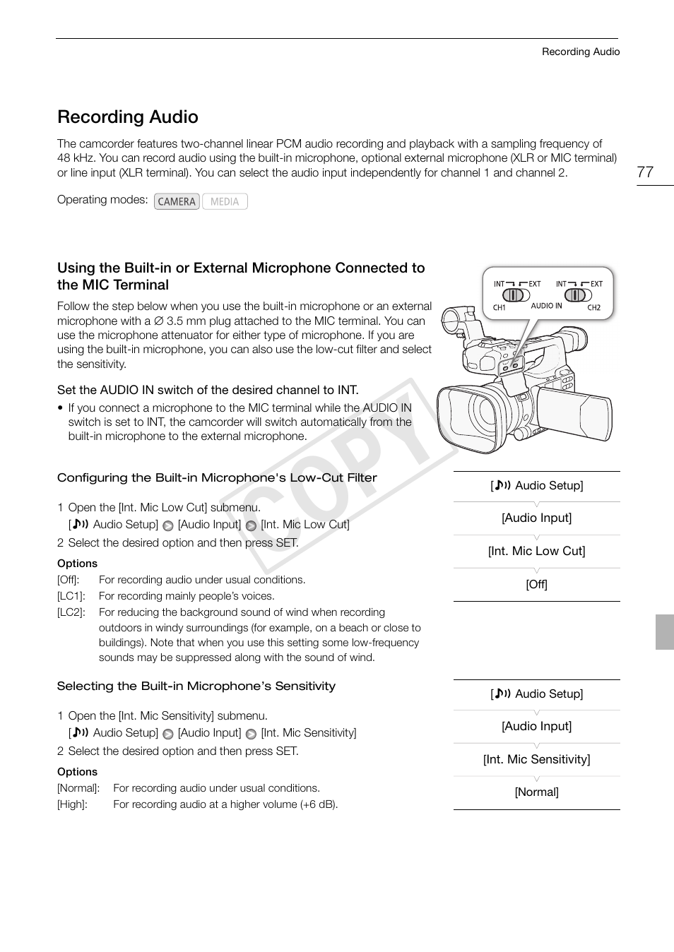 Recording audio 77, Using the built-in or external microphone, Connected to the mic terminal 77 | Cop y, Recording audio | Canon XF105 User Manual | Page 77 / 186