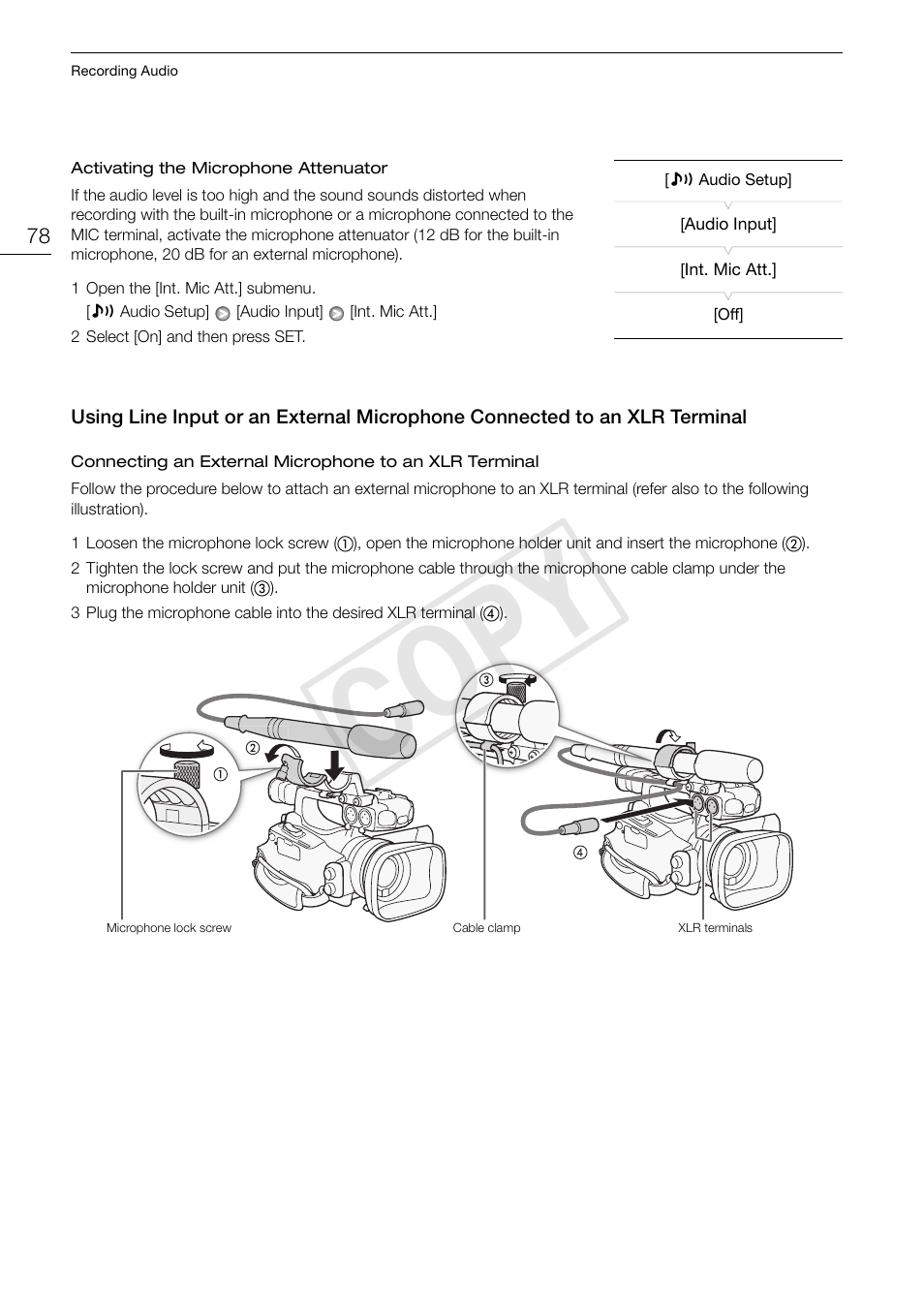 Using line input or an external microphone, Connected to an xlr terminal 78, Cop y | Canon XF105 User Manual | Page 78 / 186
