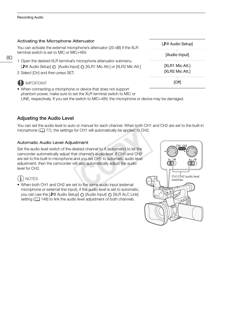 Adjusting the audio level 80, Cop y | Canon XF105 User Manual | Page 80 / 186