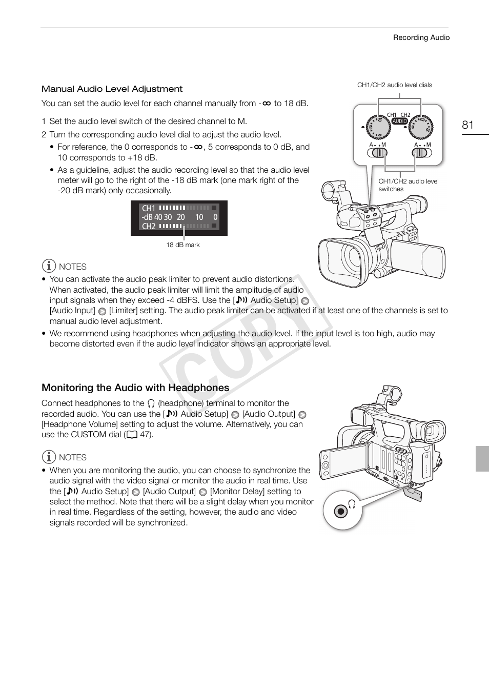 Monitoring the audio with headphones 81, Cop y | Canon XF105 User Manual | Page 81 / 186