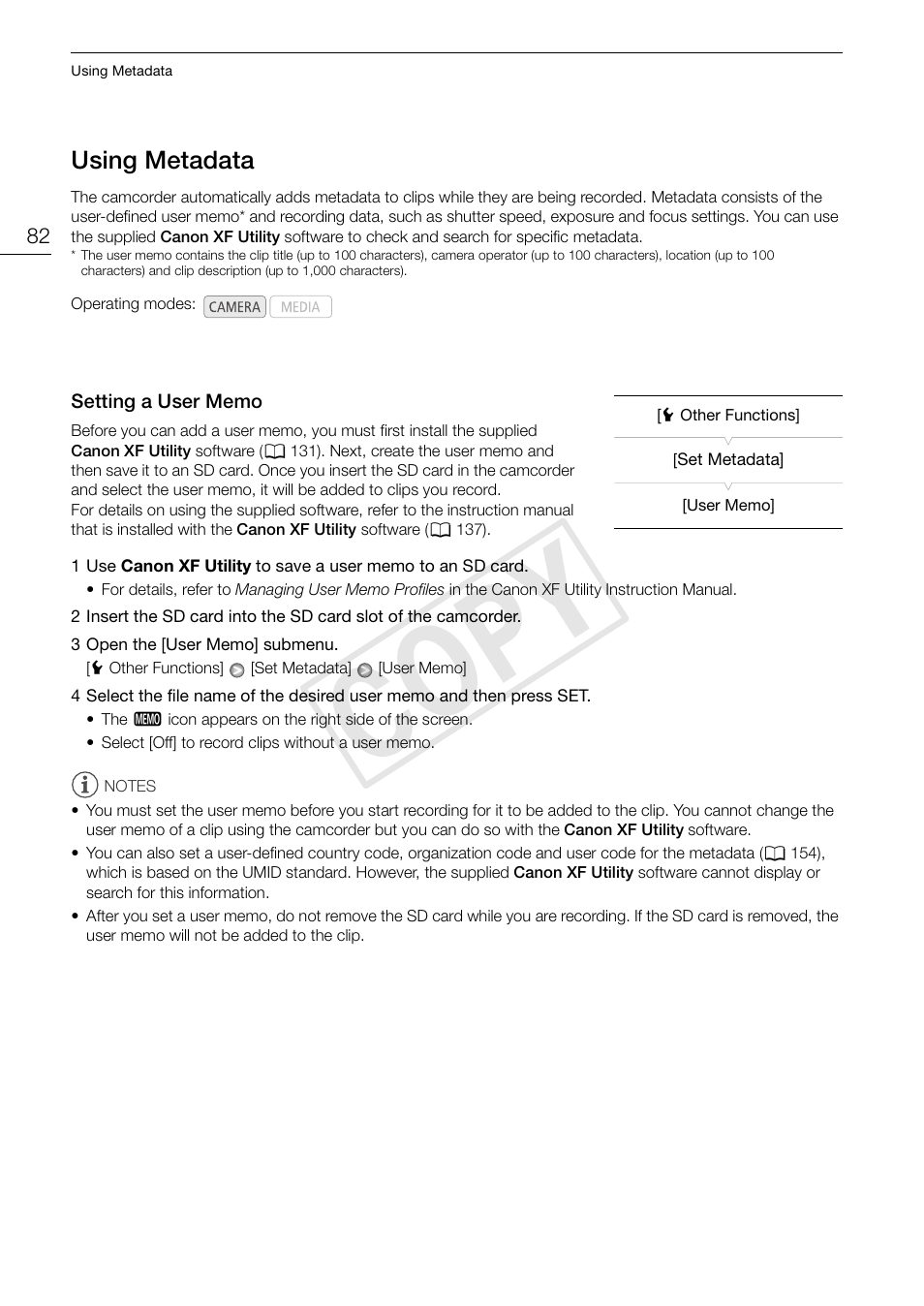82), and the i, Using metadata 82, Setting a user memo 82 | Cop y | Canon XF105 User Manual | Page 82 / 186